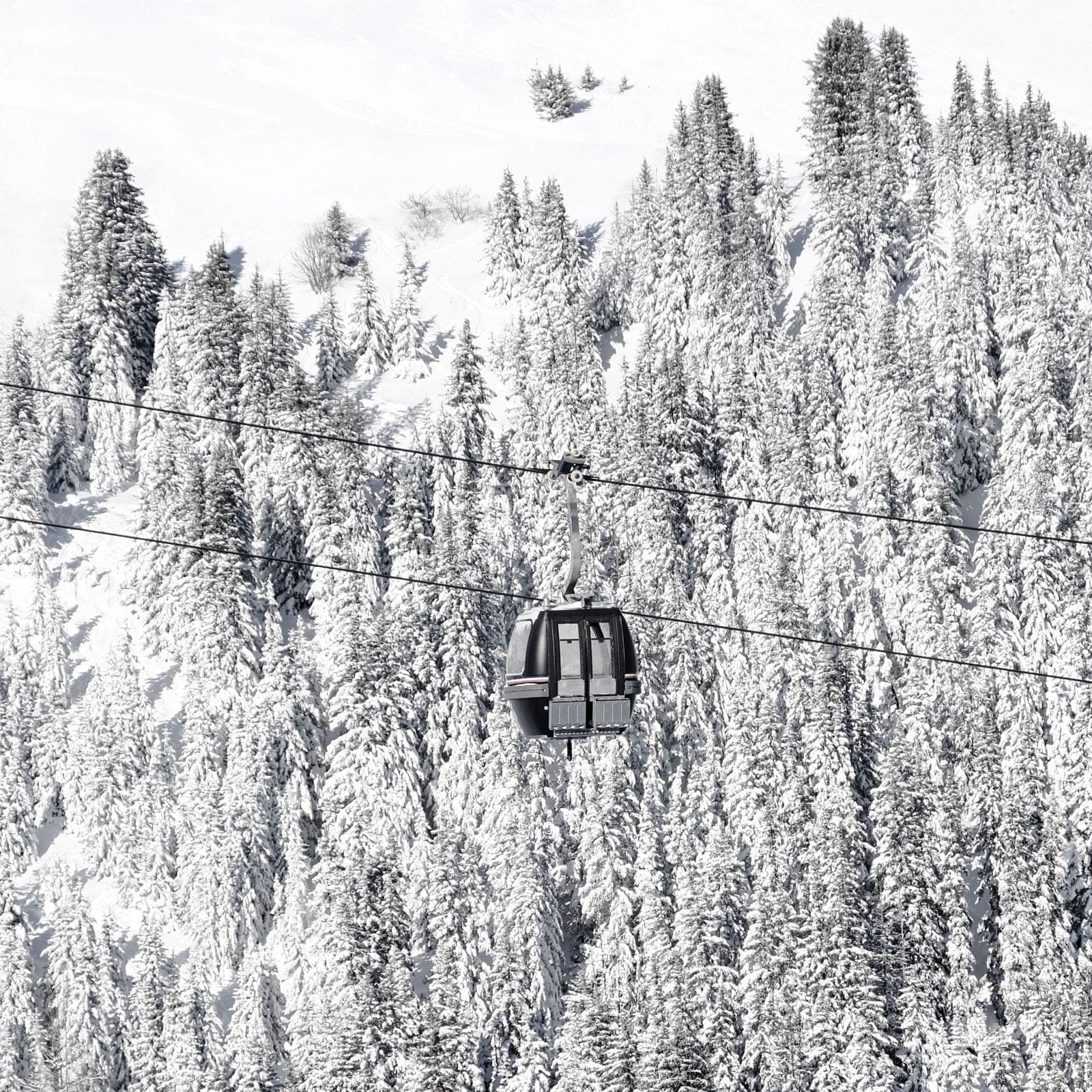 Gondola above the snow-covered forest of Courchevel, black and white